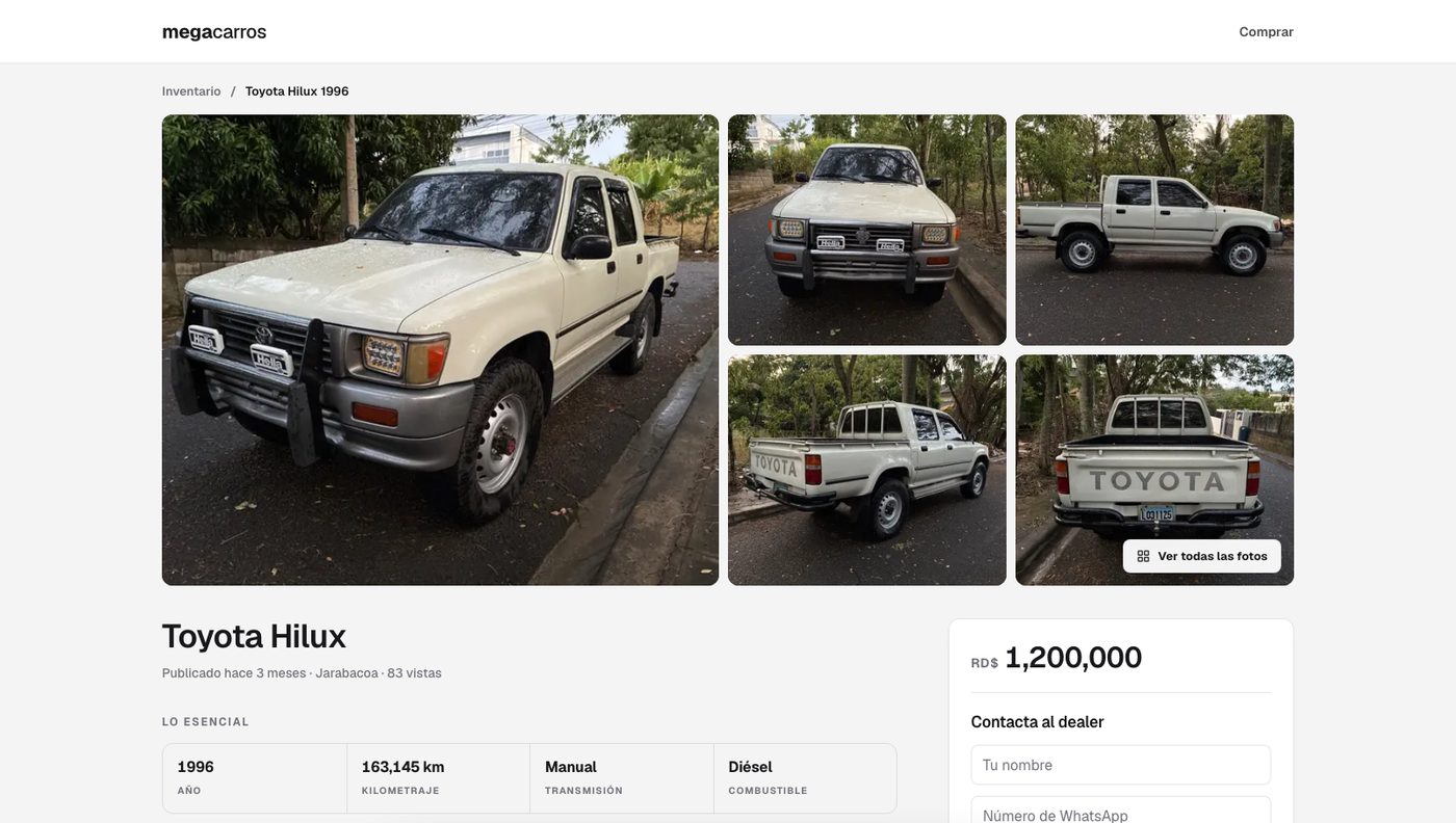 Ficha de un vehículo con galería y contacto